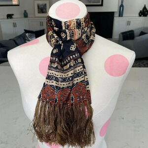 Vintage Classic 100% Silk Fringed Print Pattern Scarf Navy Rust Tan Cream Sz OS